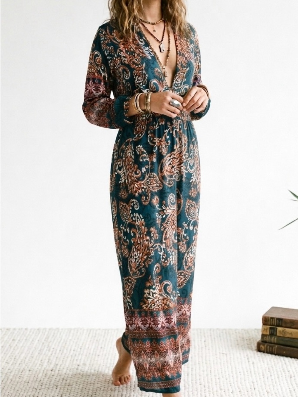 Panache Vintage Boho Paisley Wrap Maxi Dress Duster Rust Orange Size S